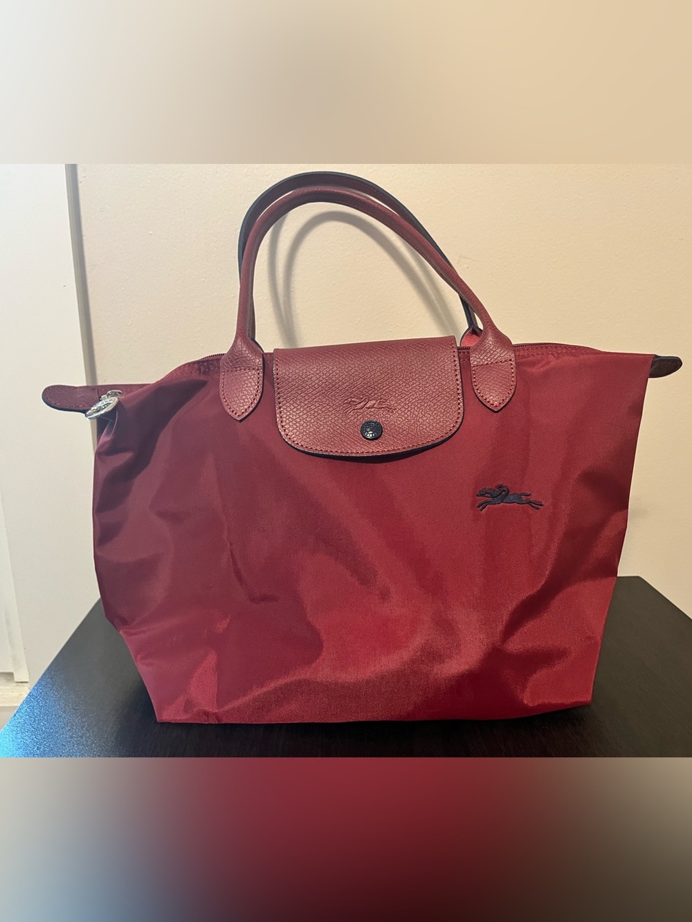 Longchamp Red Burgundy Le Pliage Medium Top-Handle Tote Made in France